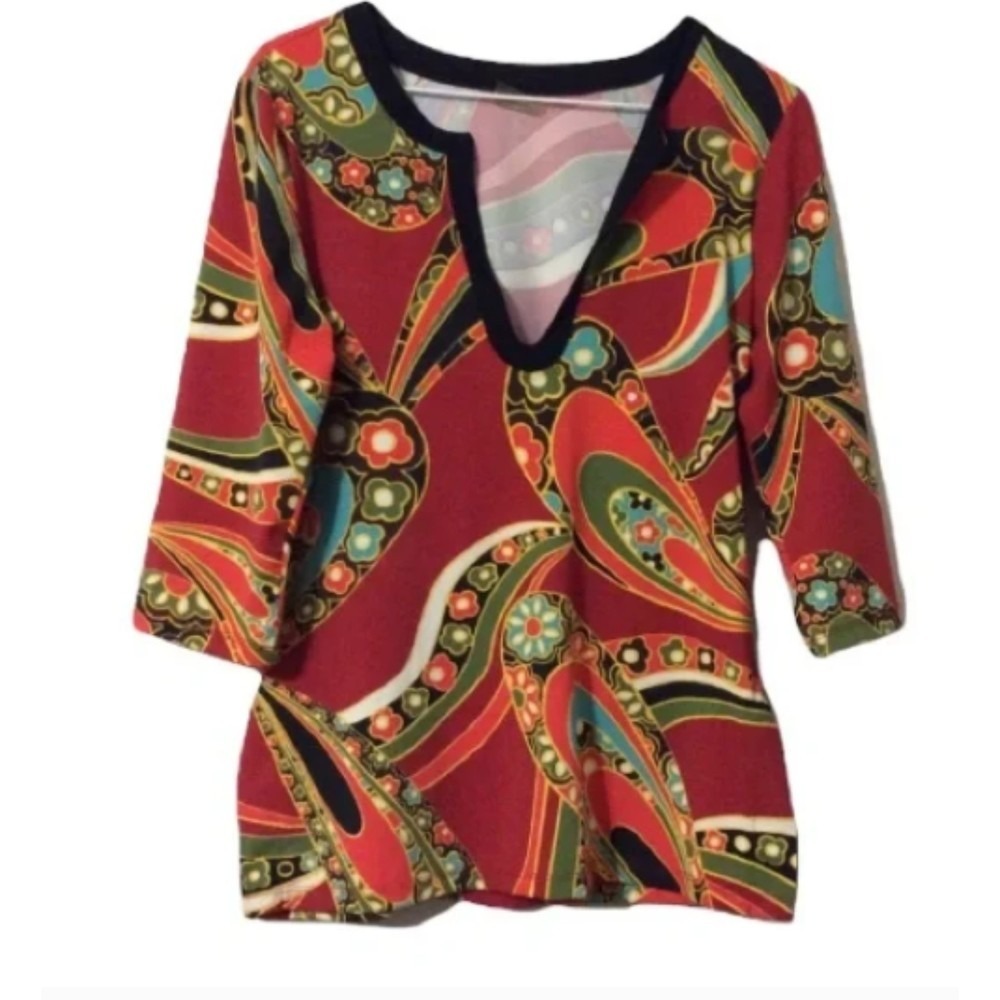 Athleta Women Red Psychedelic Paisley 3/4 Sleeve Split‎ V-Neck Tunic Top S 43271